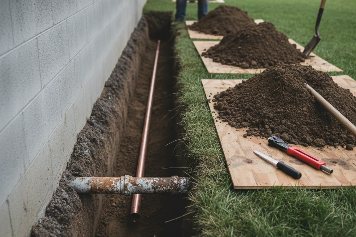 Excavated water line trench during Water Softener Installation in Dakota